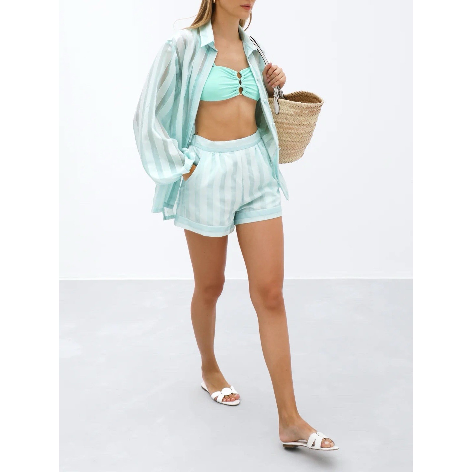 Nwt Vita Grace Reina Stripe Day Blouse Front Pocket Shorts Co Ord Aqua Blue M — image 3 of 8